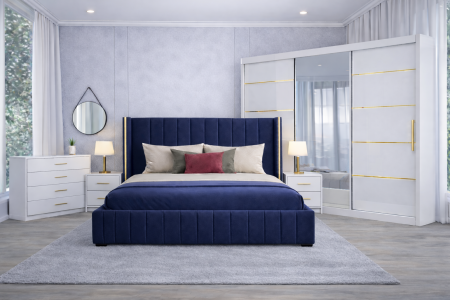 Set Dormitor Golden mdf lucios cu Somiera Rabatabila si lada, dulap 250x200