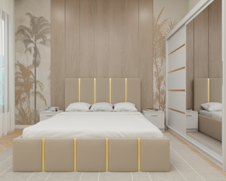 Dormitor MILANO Tapitat, 200X200 Alb cu oglinda, Somiera Rabatabila