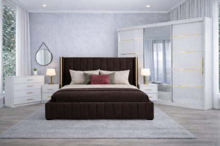 Set Dormitor Golden mdf lucios cu Somiera Rabatabila si lada, dulap 250x200