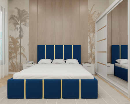 Dormitor MILANO Tapitat, 200X200 Alb cu oglinda, Somiera Rabatabila