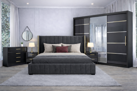 Set Dormitor Golden mdf lucios cu Somiera Rabatabila si lada, dulap 250x200
