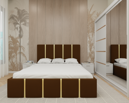 Dormitor MILANO Tapitat, 200X200 Alb cu oglinda, Somiera Rabatabila