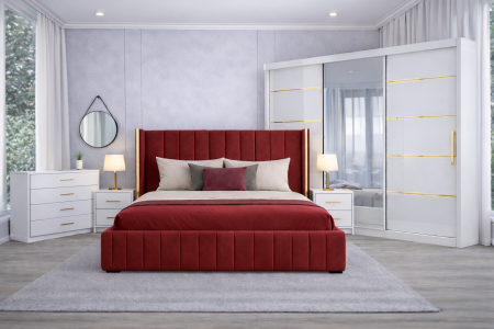 Set Dormitor Golden mdf lucios cu Somiera Rabatabila si lada, dulap 250x200