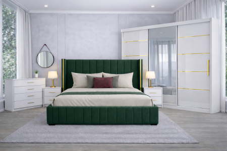 Set Dormitor Golden mdf lucios cu Somiera Rabatabila si lada, dulap 250x200