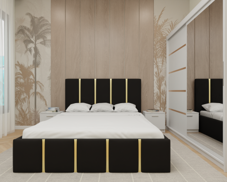 Dormitor MILANO Tapitat, 200X200 Alb cu oglinda, Somiera Rabatabila