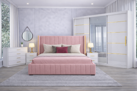 Set Dormitor Golden mdf lucios cu Somiera Rabatabila si lada, dulap 250x200