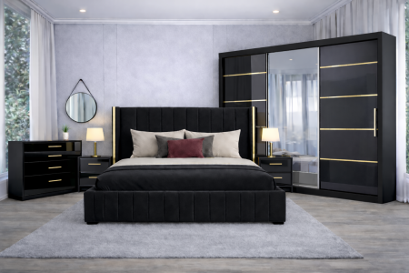 Set Dormitor Golden mdf lucios cu Somiera Rabatabila si lada, dulap 250x200