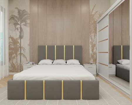 Dormitor MILANO Tapitat, 200X200 Alb cu oglinda, Somiera Rabatabila