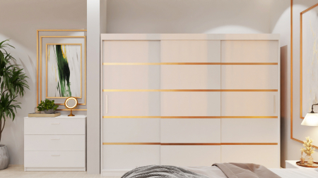 Dormitor Lucas Tapitat Stofa Bej cu dulap 250*200 usi glisante Alb, noptiere si comoda [3]