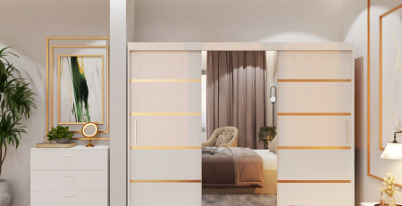 Dormitor Lucas Tapitat Stofa Bej cu dulap 250*200 usi glisante Alb cu Oglinda, noptiere si comoda [3]