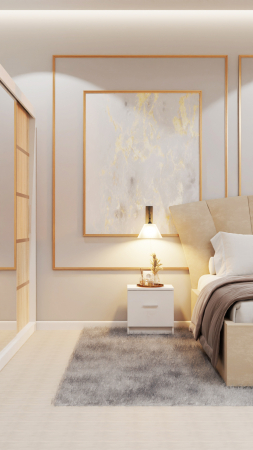 Dormitor Lucas Tapitat Stofa Bej cu dulap 250*200 usi glisante Alb&Sonoma cu Oglinda, noptiere si comoda [4]