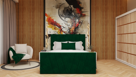 Mobila Dormitor - Dormitor cu pat  Tony 160x200 Tapitat Stofa Verde cu dulap 200*200 usi glisante Sonoma&Alb, noptiere si comoda