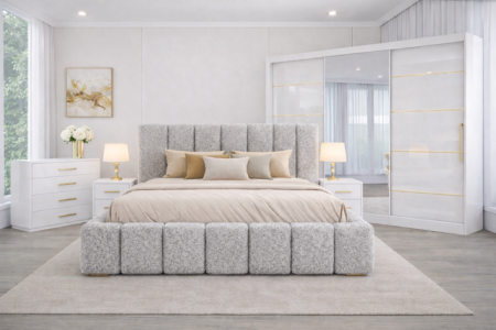 DORMITOR  SET CU DULAP 250 X200 MDF LUCIOS  SI PAT TAPITAT AURORA✅