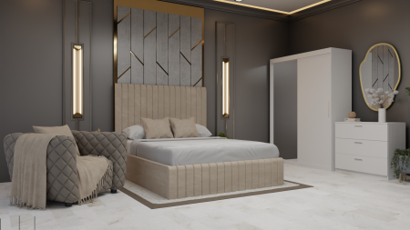 Dormitor Cairo Pat Tapitat Dressing 2 Usi Cu Oglinda Alb [1]