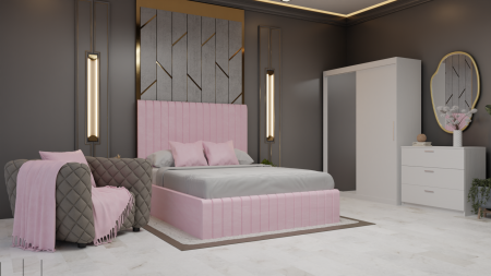Dormitor Cairo Pat Tapitat Dressing 2 Usi Cu Oglinda Alb [1]