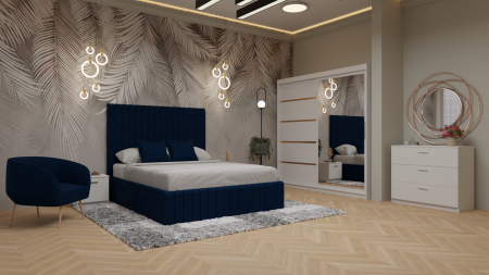 Dormitor Cairo Pat Tapitat Dressing 200x200 Alb Cu Oglinda [1]