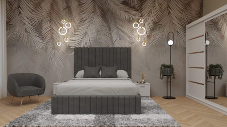 Mobila Dormitor - Dormitor Cairo Pat Tapitat Dressing 200x200 Alb Cu Oglinda