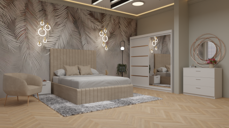 Dormitor Cairo Pat Tapitat Dressing 200x200 Alb Cu Oglinda [1]