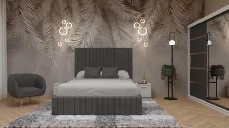 Mobila Dormitor - Dormitor Cairo Pat Tapitat Dressing 200x200 Alb&Gri Antracit Cu Oglinda