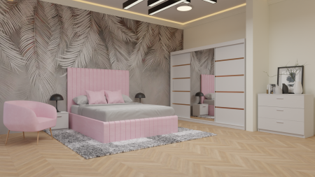 Dormitor Cairo Tapitat Dressing 250x200 3 Usi Cu Oglinda Alb [1]