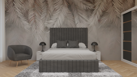 Mobila Dormitor - Dormitor Cairo Tapitat Dressing 250x200 3 Usi Cu Oglinda Alb&Gri Antracit