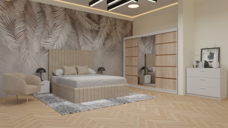 Dormitor Cairo Tapitat Dressing 250x200 3 Usi Cu Oglinda Alb&Sonoma [1]