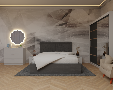 MOBILA DORMITOR - Dormitor Lotus Pat Tapitat Dressing 200x200 Alb&Antracit cu oglinda