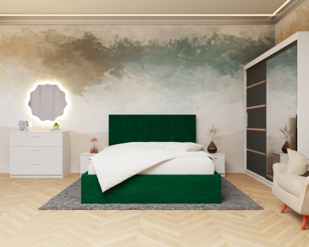 Dormitor Lotus Pat Tapitat Dressing 200x200 Alb&Antracit cu oglinda