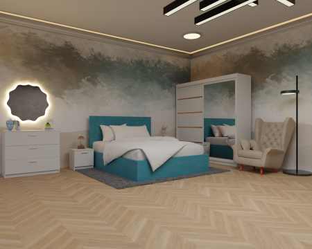 Dormitor Lotus Pat Tapitat Dressing 200x200 Alb cu oglinda [1]