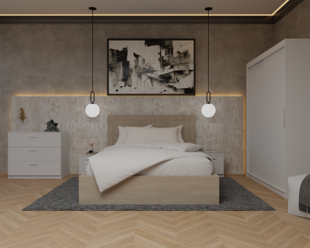 Dormitor Lotus Pat Tapitat Dressing 150x200 Alb 2 usi