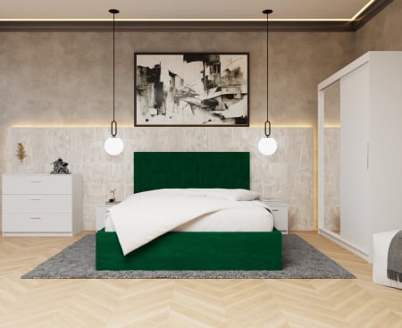 Dormitor Lotus Pat Tapitat Dressing 150x200 Alb 2 usi cu Oglinda