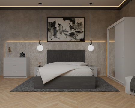 Dormitor Lotus Pat Tapitat Dressing 150x200 Alb 2 usi cu Oglinda