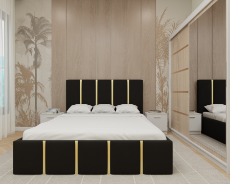 Dormitor MILANO Tapitat, 200X200 Alb&Sonoma cu oglinda, Somiera Rabatabila