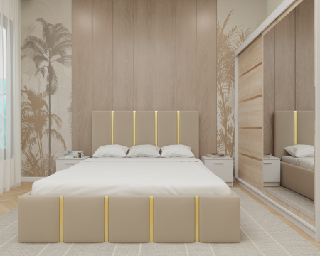 Dormitor MILANO Tapitat, 200X200 Alb&Sonoma cu oglinda, Somiera Rabatabila