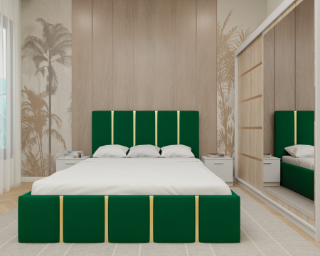 Dormitor MILANO Tapitat, 200X200 Alb&Sonoma cu oglinda, Somiera Rabatabila