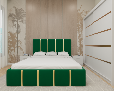 Dormitor MILANO Tapitat, 200X200 Alb fara oglinda, Somiera Rabatabila