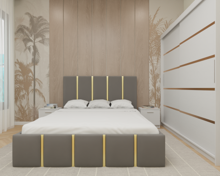 Dormitor MILANO Tapitat, 200X200 Alb fara oglinda, Somiera Rabatabila