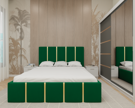 Dormitor MILANO Tapitat, 200X200 Alb&Antracit cu oglinda, Somiera Rabatabila