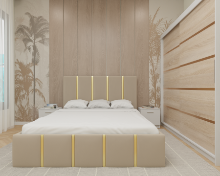 Dormitor MILANO Tapitat, 200X200 Alb&Sonoma fara oglinda, Somiera Rabatabila