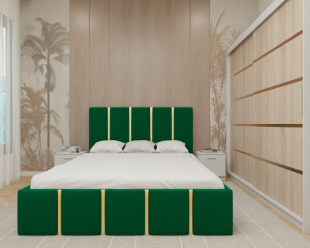 Dormitor MILANO Tapitat, 200X200 Alb&Sonoma fara oglinda, Somiera Rabatabila