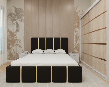 Dormitor MILANO Tapitat, 200X200 Alb&Sonoma fara oglinda, Somiera Rabatabila