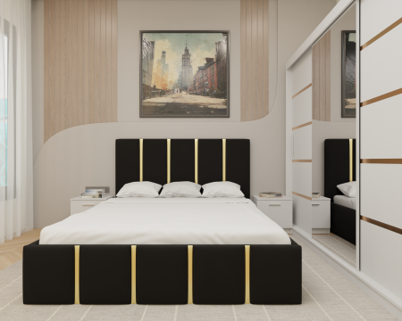 Dormitor MILANO Tapitat, 250X200 Alb cu oglinda, Somiera Rabatabila