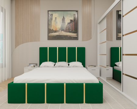 Dormitor MILANO Tapitat, 250X200 Alb cu oglinda, Somiera Rabatabila