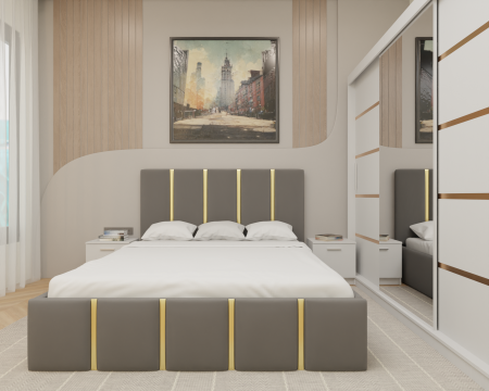 Dormitor MILANO Tapitat, 250X200 Alb cu oglinda, Somiera Rabatabila