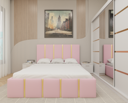 Dormitor MILANO Tapitat, 250X200 Alb cu oglinda, Somiera Rabatabila