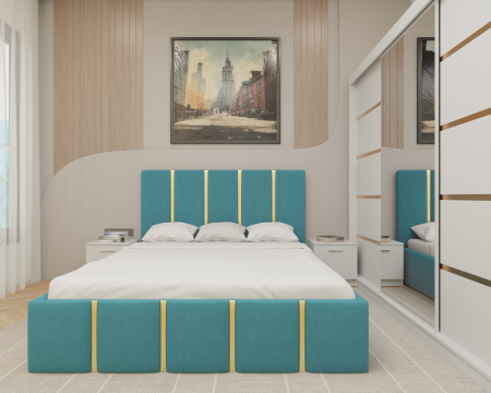 Dormitor MILANO Tapitat, 250X200 Alb cu oglinda, Somiera Rabatabila