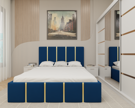 Dormitor MILANO Tapitat, 250X200 Alb cu oglinda, Somiera Rabatabila