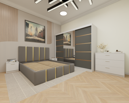 Dormitor MILANO Tapitat, 250X200 Alb&Antracit cu oglinda, Somiera Rabatabila
