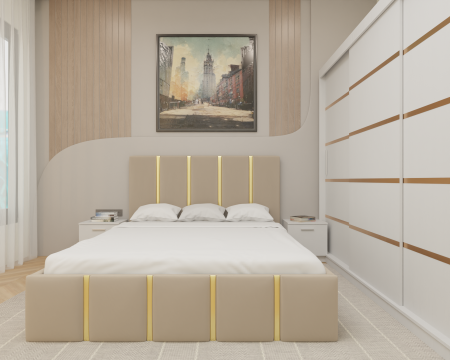 Dormitor MILANO Tapitat, 250X200 Alb fara oglinda, Somiera Rabatabila