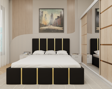 Dormitor MILANO Tapitat, 250X200 Alb&Sonoma cu oglinda, Somiera Rabatabila